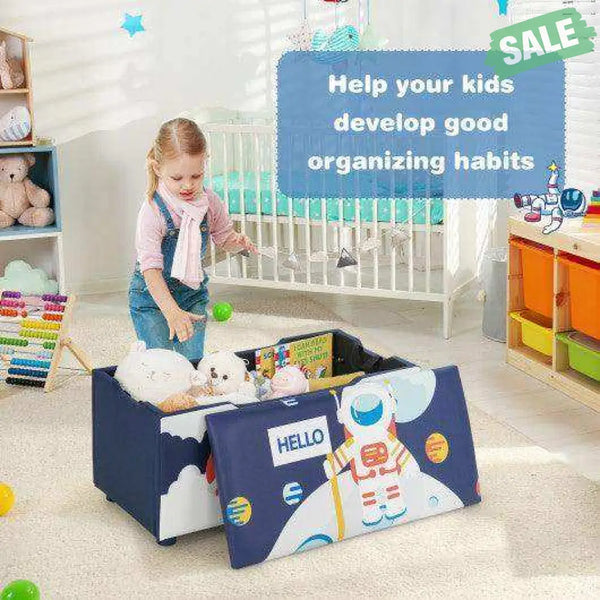 Kids Wooden Upholstered Toy Storage Box with Removable Lid-White Blue Kids Storage