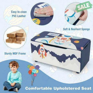 Kids Wooden Upholstered Toy Storage Box with Removable Lid-White Blue Kids Storage