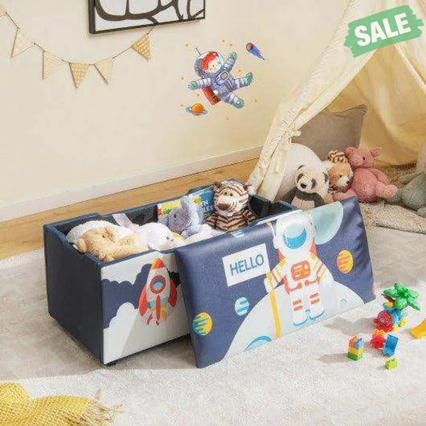 Kids Wooden Upholstered Toy Storage Box with Removable Lid-White Blue Kids Storage