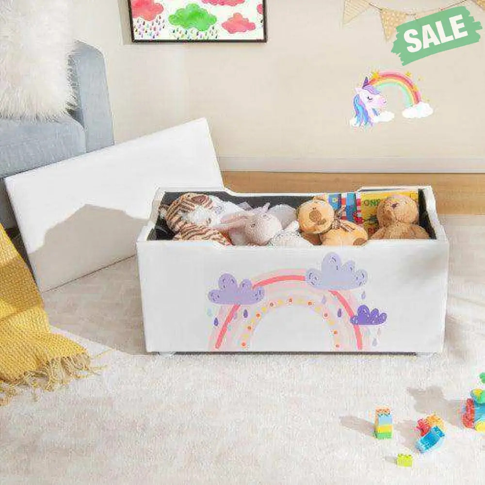 Kids Wooden Upholstered Toy Storage Box with Removable Lid-White Blue Kids Storage