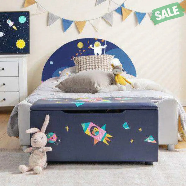 Kids Wooden Upholstered Toy Storage Box with Removable Lid-White Blue Kids Storage