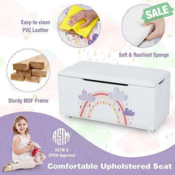 Kids Wooden Upholstered Toy Storage Box with Removable Lid-White Blue Kids Storage