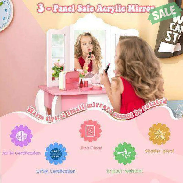 Kid’s Wooden Vanity Table and Stool Set with 3-Panel Acrylic Mirror-White Kids Vanities