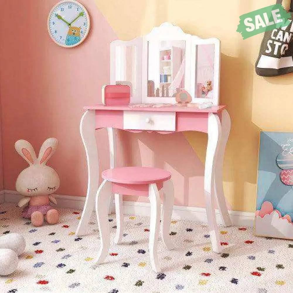 Kid’s Wooden Vanity Table and Stool Set with 3-Panel Acrylic Mirror-White Kids Vanities