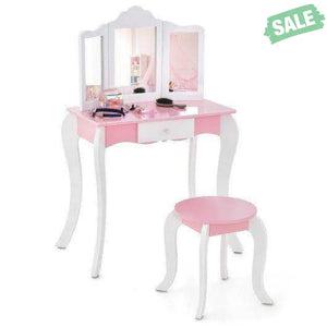 Kid’s Wooden Vanity Table and Stool Set with 3-Panel Acrylic Mirror-White Kids Vanities
