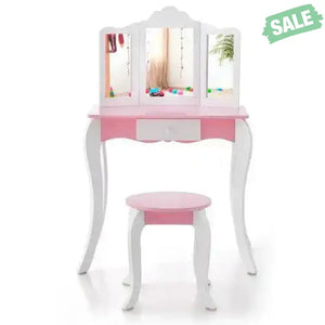 Kid’s Wooden Vanity Table and Stool Set with 3-Panel Acrylic Mirror-White Kids Vanities