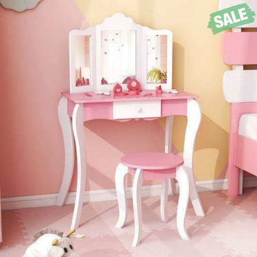 Kid’s Wooden Vanity Table and Stool Set with 3-Panel Acrylic Mirror-White Kids Vanities