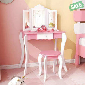 Kid’s Wooden Vanity Table and Stool Set with 3-Panel Acrylic Mirror-White Kids Vanities