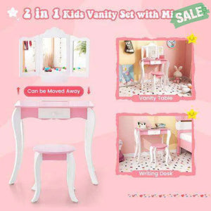 Kid’s Wooden Vanity Table and Stool Set with 3-Panel Acrylic Mirror-White Kids Vanities