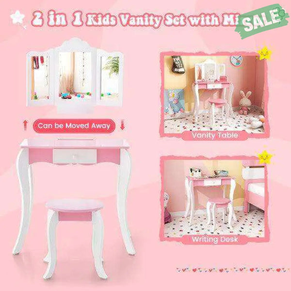 Kid’s Wooden Vanity Table and Stool Set with 3-Panel Acrylic Mirror-White Kids Vanities