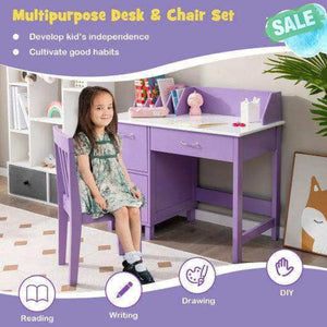 Kids Wooden Writing Furniture Set with Drawer and Storage Cabinet-Purple