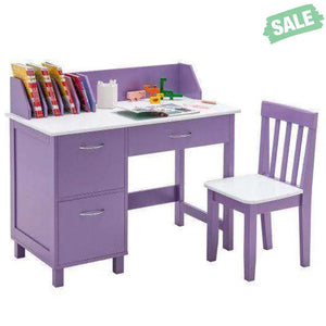 Kids Wooden Writing Furniture Set with Drawer and Storage Cabinet-Purple
