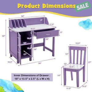 Kids Wooden Writing Furniture Set with Drawer and Storage Cabinet-Purple