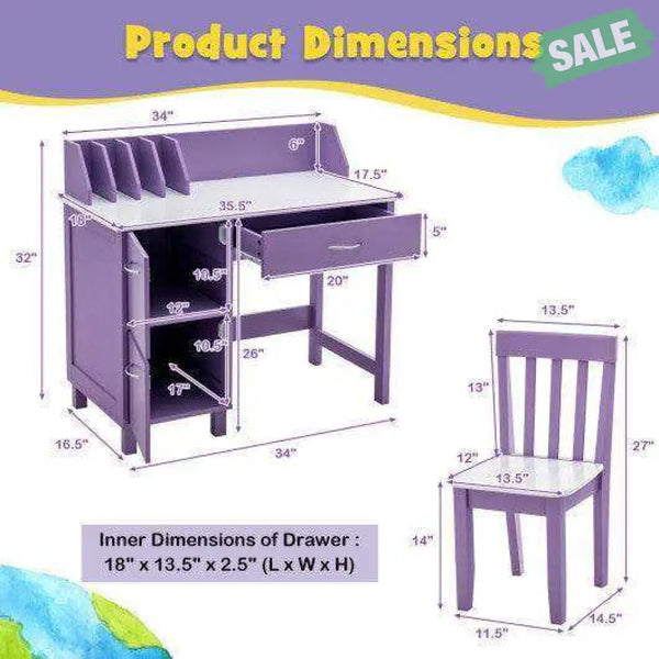 Kids Wooden Writing Furniture Set with Drawer and Storage Cabinet-Purple