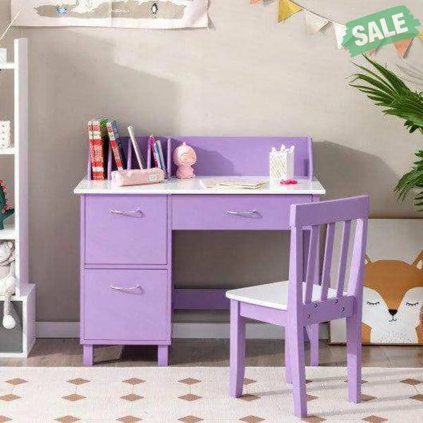Kids Wooden Writing Furniture Set with Drawer and Storage Cabinet-Purple