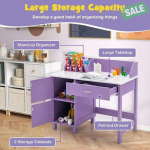 Kids Wooden Writing Furniture Set with Drawer and Storage Cabinet-Purple