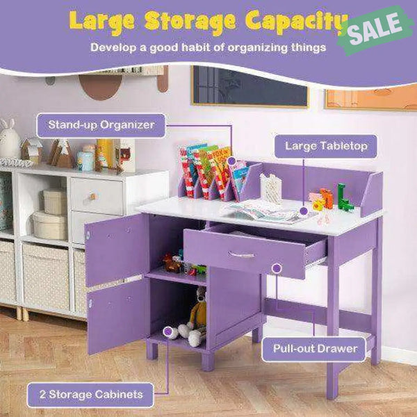 Kids Wooden Writing Furniture Set with Drawer and Storage Cabinet-Purple