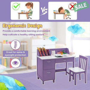 Kids Wooden Writing Furniture Set with Drawer and Storage Cabinet-Purple