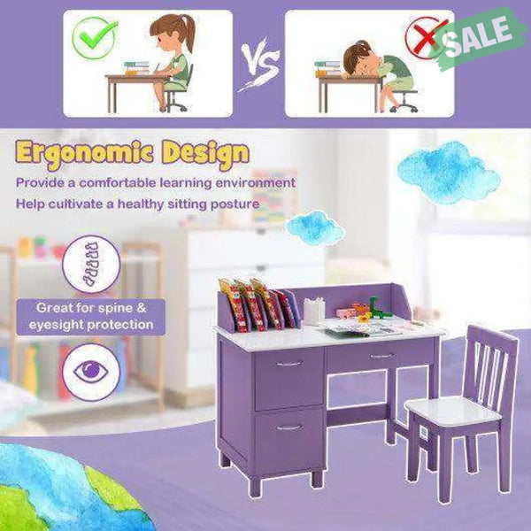 Kids Wooden Writing Furniture Set with Drawer and Storage Cabinet-Purple
