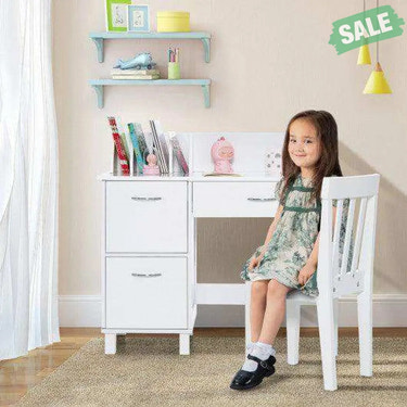 Kids Wooden Writing Furniture Set with Drawer and Storage Cabinet-White White Kids Table & Chair Sets