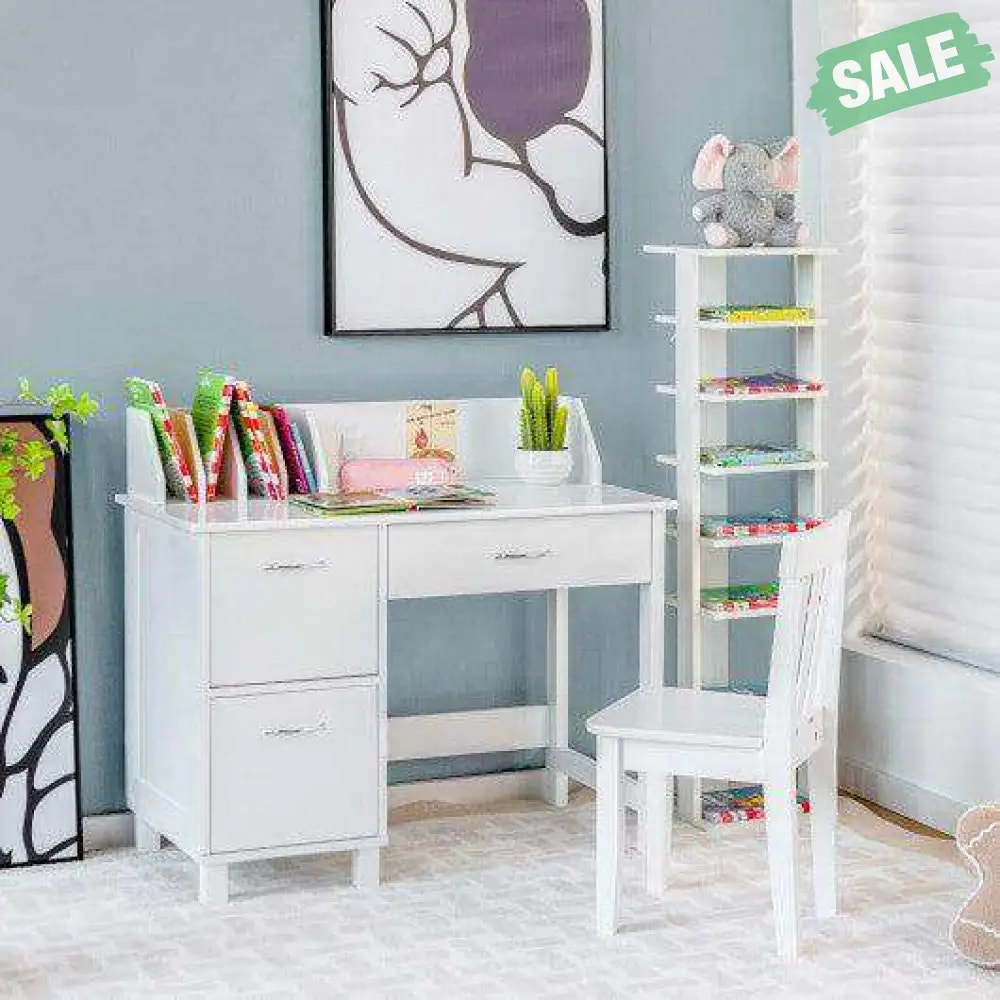 Kids Wooden Writing Furniture Set with Drawer and Storage Cabinet-White White Kids Table & Chair Sets
