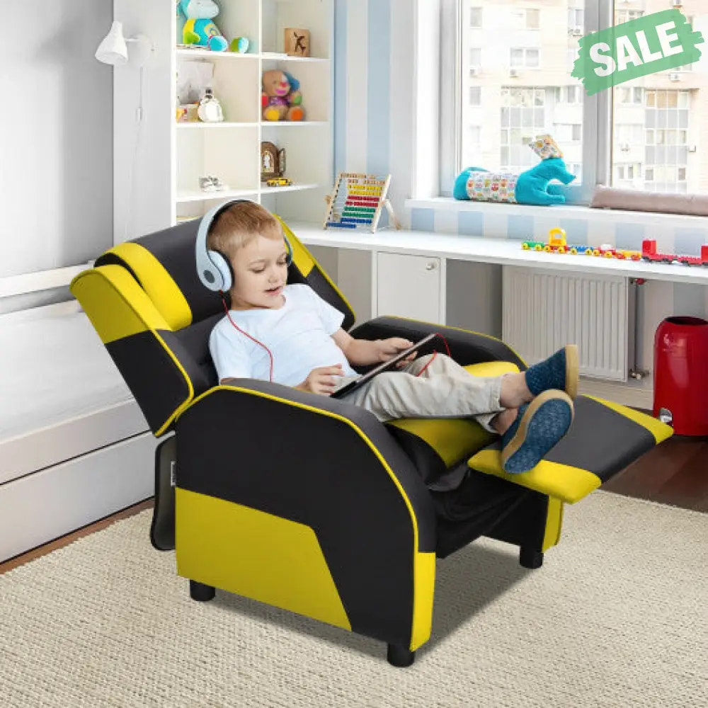 Kids Youth PU Leather Gaming Sofa Recliner with Headrest and Footrest-Yellow Kids Chairs & Seating