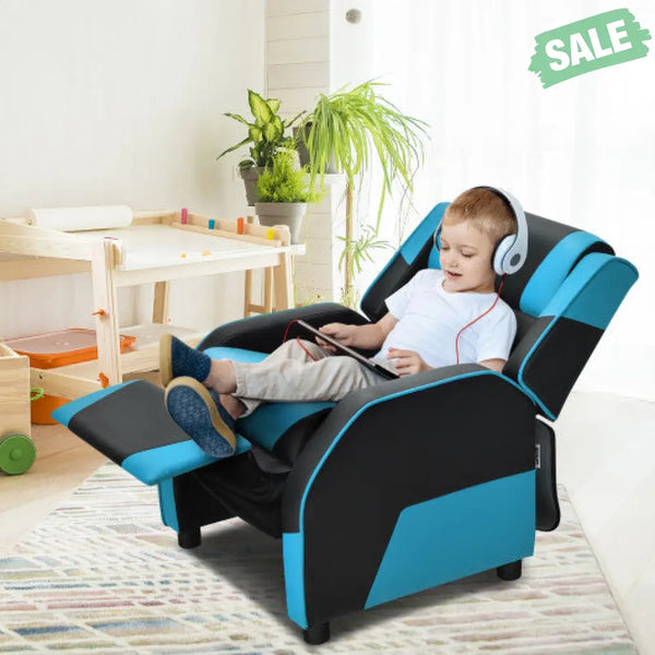 Kids Youth PU Leather Gaming Sofa Recliner with Headrest and Footrest-Yellow Blue Kids Chairs & Seating