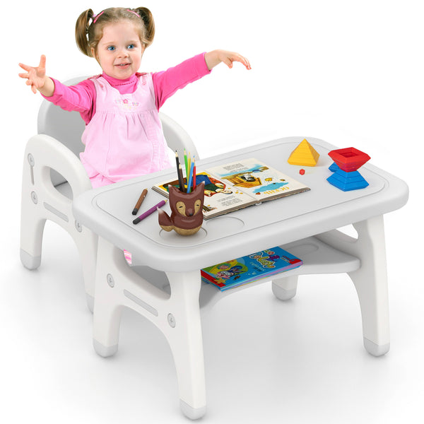 Kids activity table and chair set with Montessori toys, perfect for preschool and kindergarten playtime. Angle 12 view.