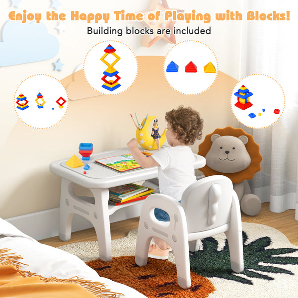 Kids activity table and chair set with Montessori toys, perfect for preschool and kindergarten playtime.