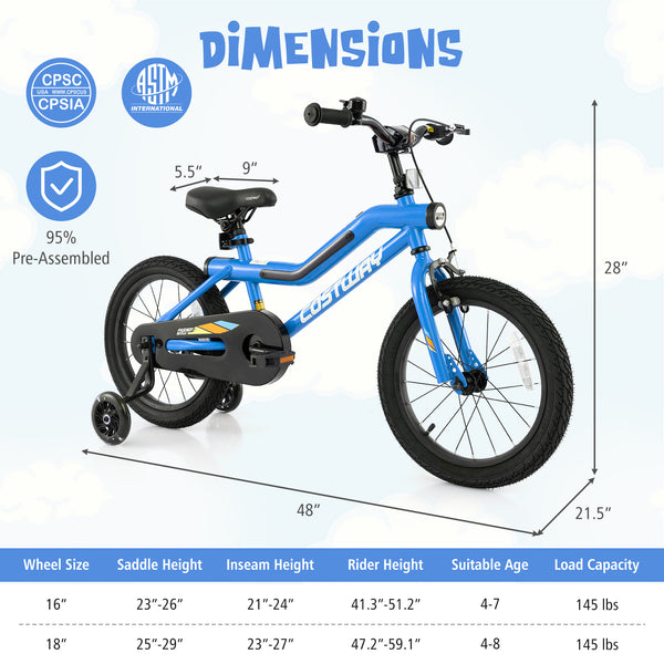 16 Inch Kids Bike LED Lighted Adjustable with Training Wheels for 4-7 Years Old Kids