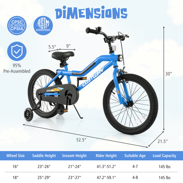 16 Inch Kids Bike LED Lighted Adjustable with Training Wheels for 4-7 Years Old Kids