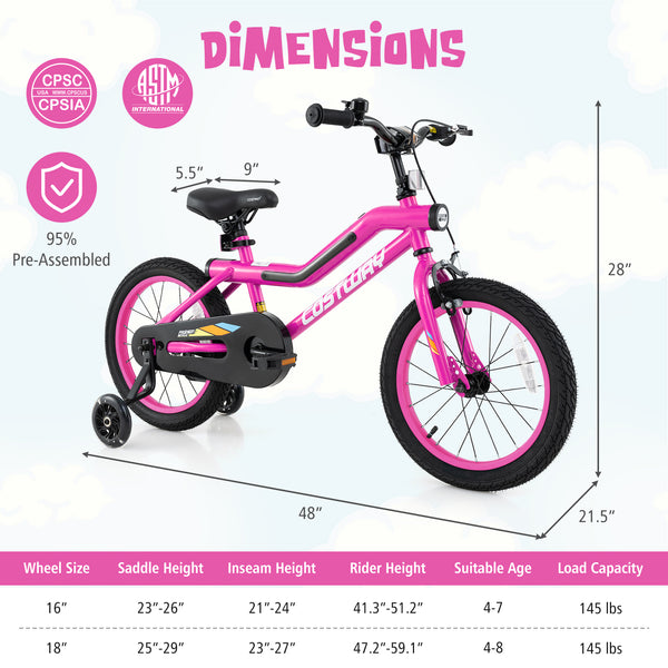 18 Inch LED Lighted Kids Bike with Training Wheels and Headlight for Ages 4-8 Years