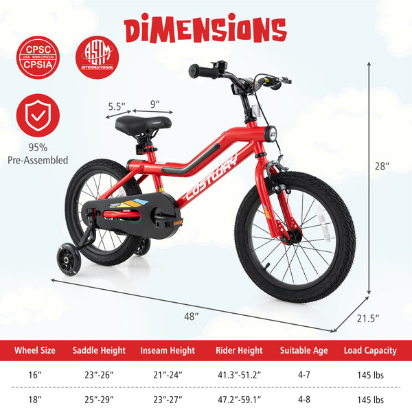 16 Inch Kids Bike with LED Lights Adjustable Carbon Steel Bicycle for 4-7 Years Old