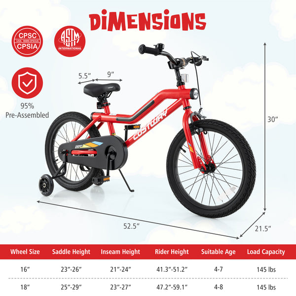 16 Inch Kids Bike with LED Lights Adjustable Carbon Steel Bicycle for 4-7 Years Old