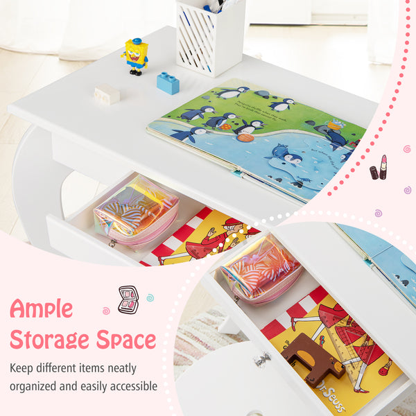 Kids Princess Makeup Dressing Play Table Set with Mirror, perfect for imaginative play and sleepover fun.
