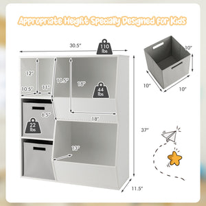 Kids toy storage cabinet shelf organizer in a stylish design, angled view showcasing ample storage space for toys.