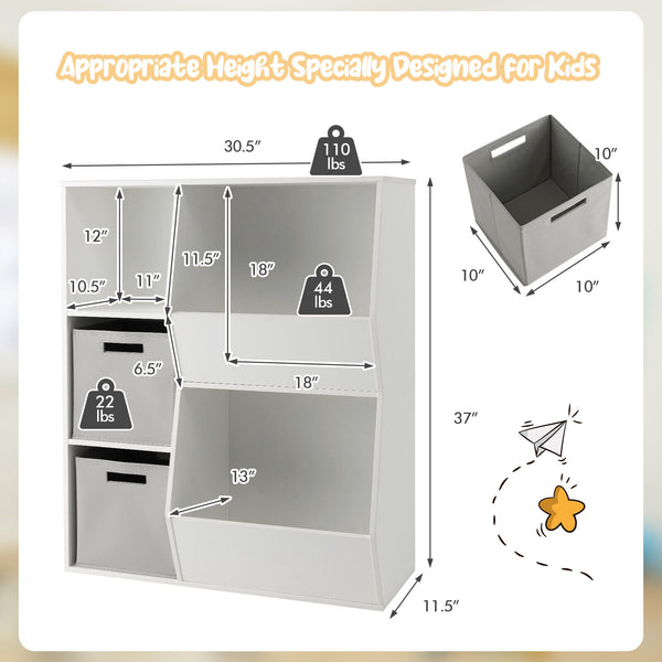 Kids toy storage cabinet shelf organizer in a stylish design, angled view showcasing ample storage space for toys.