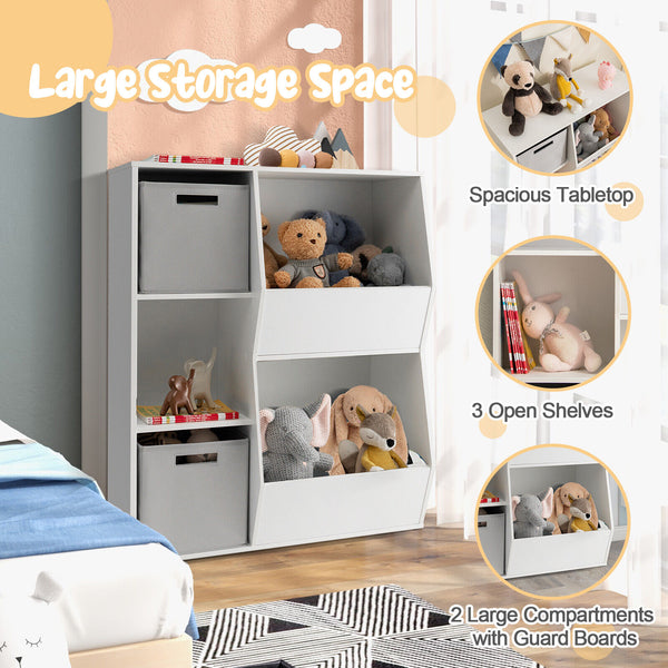 Kids toy storage cabinet shelf organizer in a stylish design, angled view showcasing ample storage space for toys.