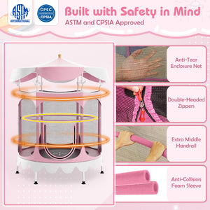 64 Inch Kids Trampoline with Detachable Canopy and Safety Enclosure Net