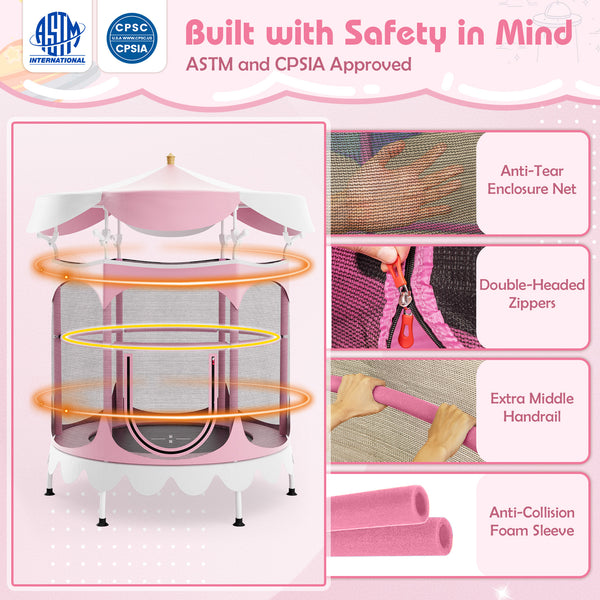 64 Inch Kids Trampoline with Detachable Canopy and Safety Enclosure Net