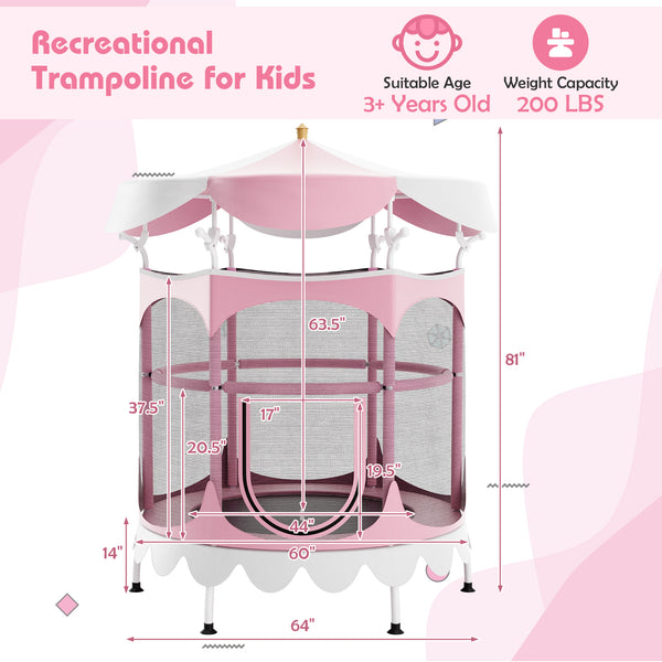 64 Inch Kids Trampoline with Detachable Canopy and Safety Enclosure Net