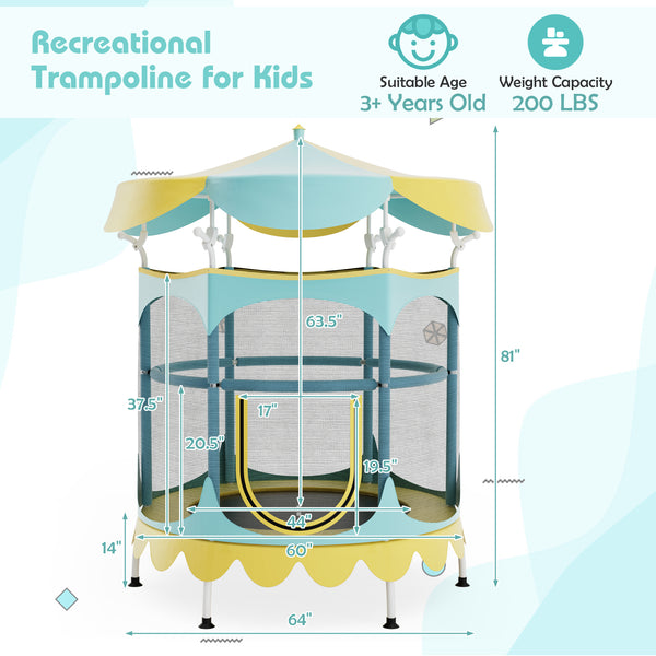 64 Inch Kids Trampoline with Detachable Canopy and Safety Enclosure Net