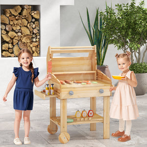 Kids Wooden Barbecue Grill Playset Pretend Kitchen with Food and Wheels