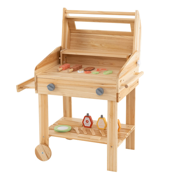 Kids Wooden Barbecue Grill Playset Pretend Kitchen with Food and Wheels
