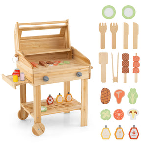 Kids Wooden Barbecue Grill Playset Pretend Kitchen with Food and Wheels