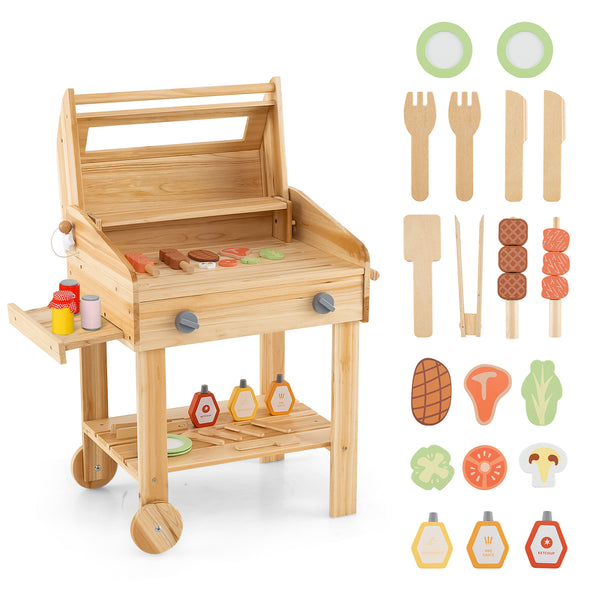 Kids Wooden Barbecue Grill Playset Pretend Kitchen with Food and Wheels