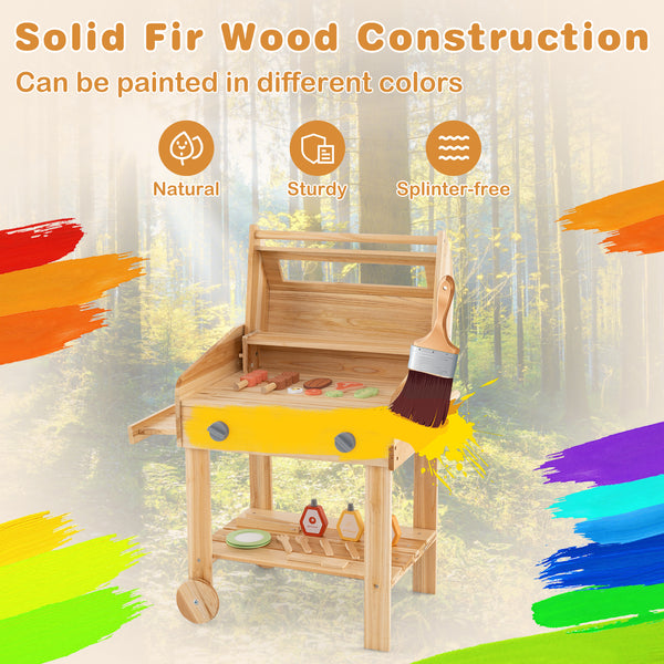 Kids Wooden Barbecue Grill Playset Pretend Kitchen with Food and Wheels