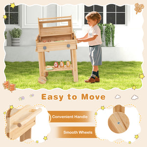 Kids Wooden Barbecue Grill Playset Pretend Kitchen with Food and Wheels
