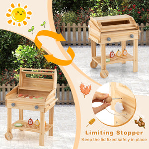 Kids Wooden Barbecue Grill Playset Pretend Kitchen with Food and Wheels