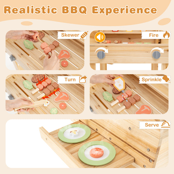 Kids Wooden Barbecue Grill Playset Pretend Kitchen with Food and Wheels
